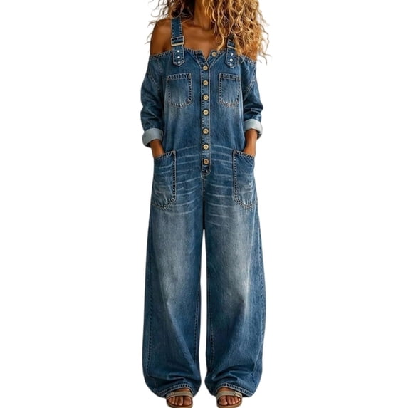 Denim Jumpsuit for Women Long Sleeve Off Shoulder Adjustable Strap Button Wide Leg Loose Fit Overalls with Pockets