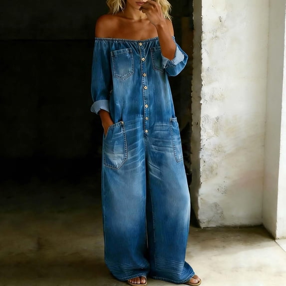 Denim Jumpsuit for Women Long Sleeve Off Shoulder Jean Jumpsuit Button Down Wide Leg Jean Overalls with Pockets, 3XL