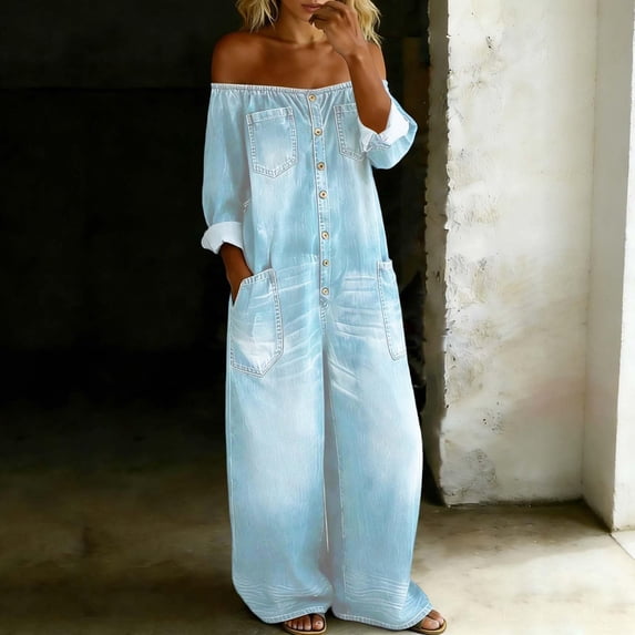 Denim Jumpsuit for Women Long Sleeve Off Shoulder Jean Jumpsuit Button Down Wide Leg Jean Overalls with Pockets, M