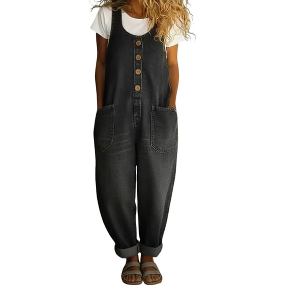 Denim Jumpsuit for Women Round Neck Sleeveless Button Up Overalls Summer Casual Rompers Trendy Jumpers Daily Vacation Outfits Travel Clothes