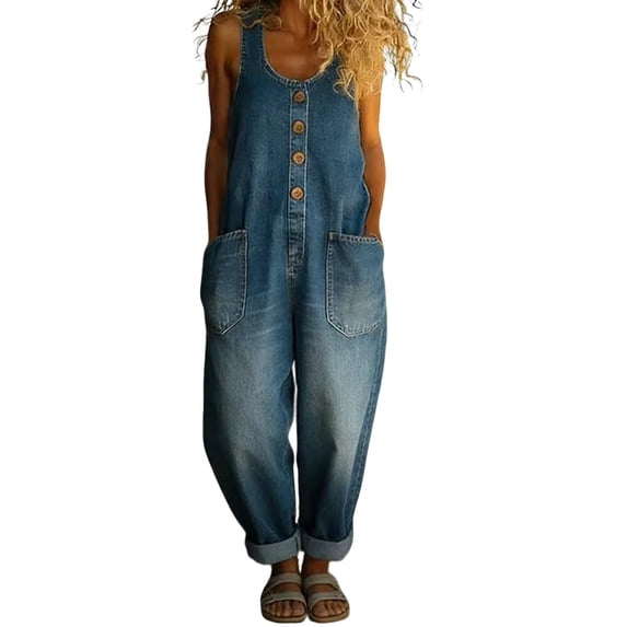 Denim Jumpsuit for Women Round Neck Sleeveless Button Up Overalls Summer Casual Rompers Trendy Jumpers Daily Vacation Outfits Travel Clothes
