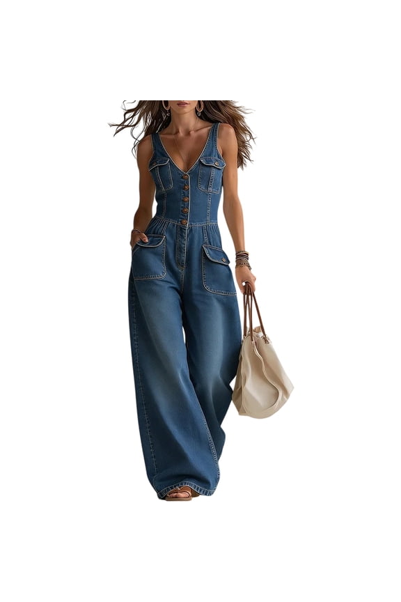 Denim Jumpsuit for Women Sleeveless V Neck Wide Leg Jean Jumpsuit, Smocked Waist Casual Long Romper