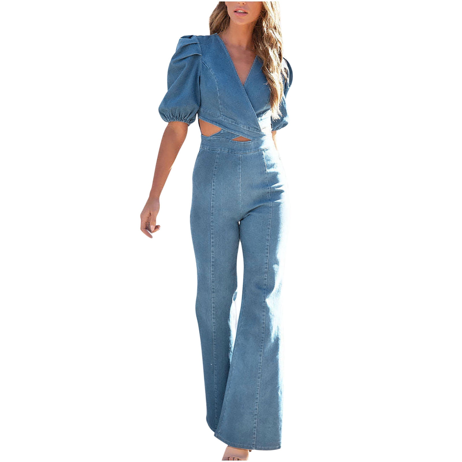 Denim Jumpsuit for Women Summer Casual Short Sleeve V Neck Cut Out Sexy Flared  Romper Jumpsuits 