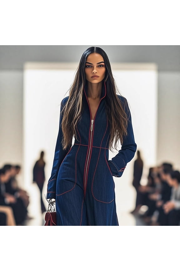 Denim Jumpsuits for Women Long Sleeve Contrast Stitching Loose High Waist Wide Leg One Piece Outfit Zipper Closure Functional Pockets Fall Casual Semi Formal Daily Wear