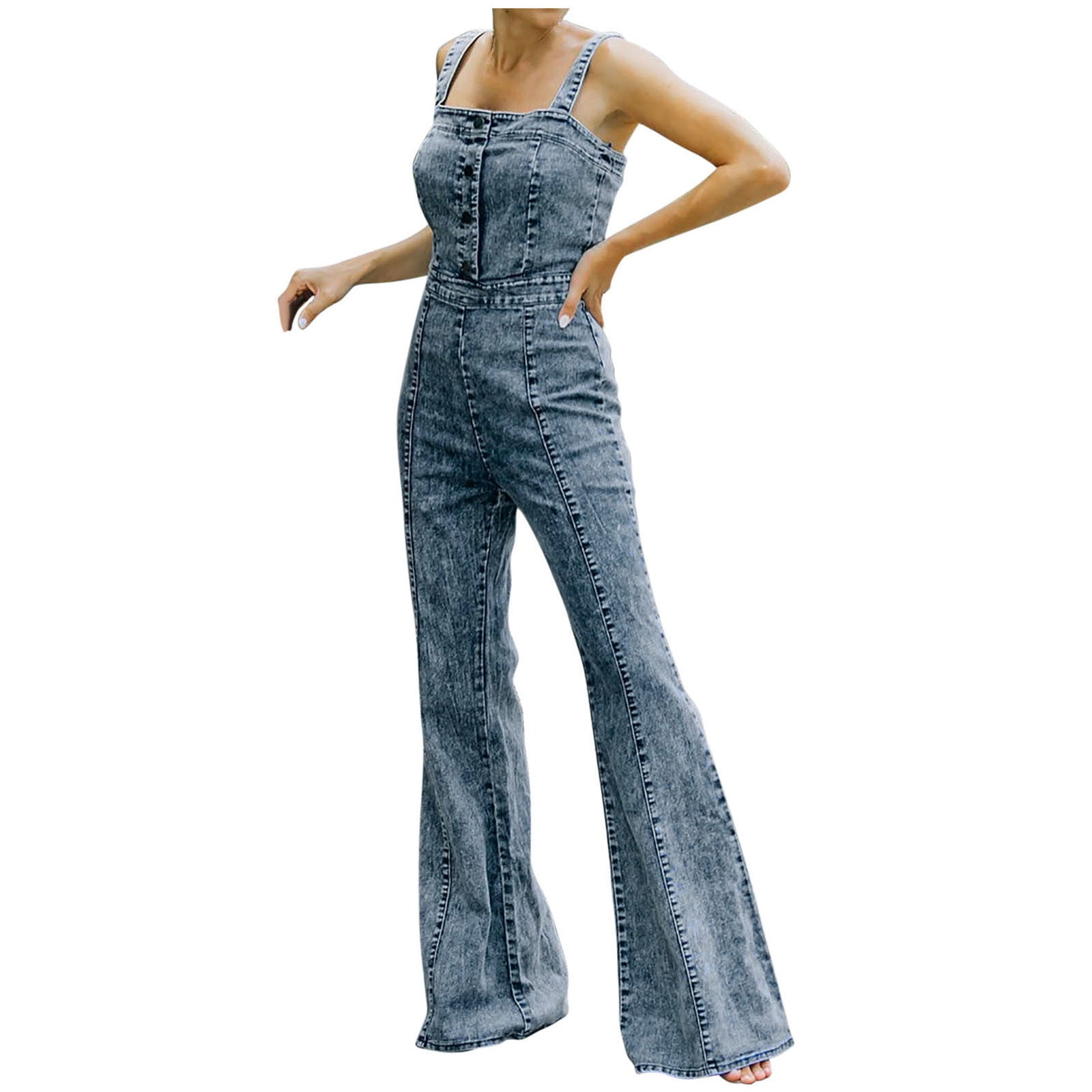 Denim Jumpsuits for Women Solid Washed Stretchy Bell Bottom Pants Romper  Sleeveless Casual Summer Jumpsuit Overalls