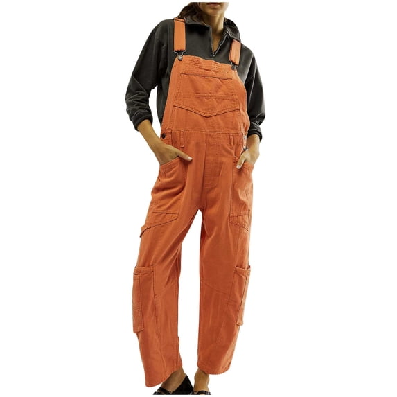 Denim Jumpsuits for Women Suspender Pants Straight Leg Casual Loose Overalls Multi Pockets Cargo Jeans Rompers Orange,S