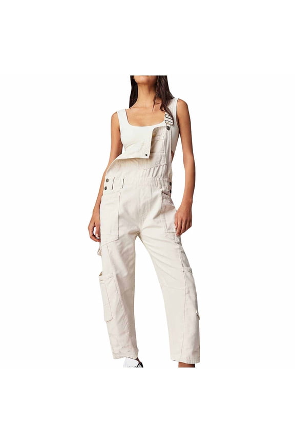 Denim Jumpsuits for Women Suspender Pants Straight Leg Casual Loose Overalls Multi Pockets Cargo Jeans Rompers White,M