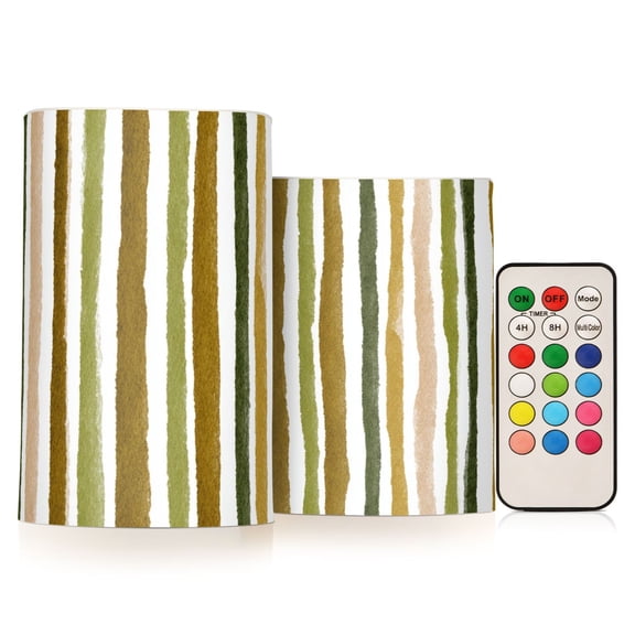 Denim Khaki Stripes Flickering Flameless Candles Battery Operated with Remote Timer LED Pillar Candles Set of 2