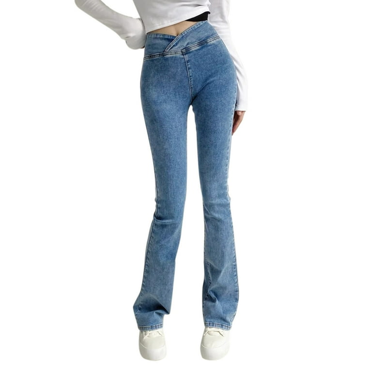 Denim Knit Pants Women's High Elastic High Waist Trousers Slim Fit Jeans  Flare Pants for Curvy Women