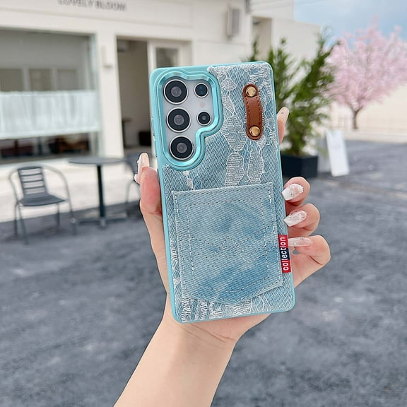Denim & Lace Material for Samsung Galaxy S24 Ultra Case with Card Holder & Finger Strap, Slim Fit Shockproof TPU Bumper, Drop Protection Fashion Lightweight Phone Case Cover for Women Girls, Blue