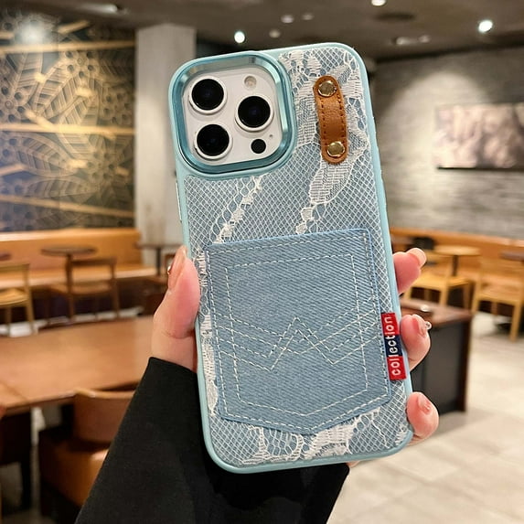 Denim & Lace Material for iPhone 16 Pro Case with Card Holder & Finger Strap, Slim Fit Shockproof TPU Bumper, Drop Protection Fashion Lightweight Phone Case Cover for Women Girls, Blue