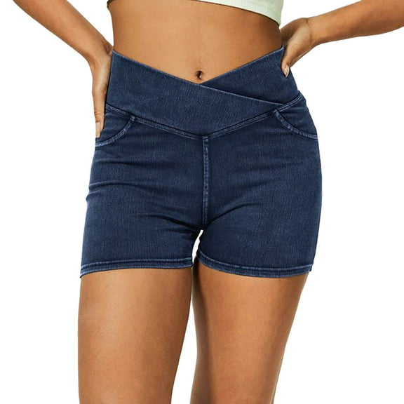 Denim Legging Shorts Women, High Waisted Yoga Jean Short Jeggings Stretchy Jean Tights Shorts Dark Blue L