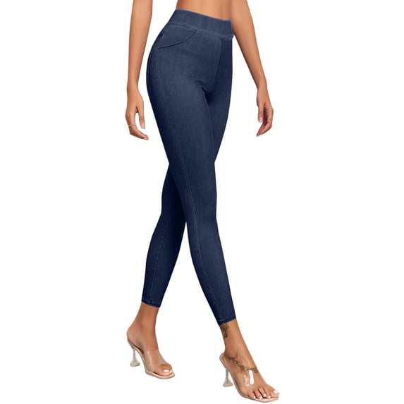Denim Leggings, Comdrip Women's Denim Yoga Fitness Pants Tummy Control High Waist Pull on Stretchy Jeans Jeans for Women Dark Blue M