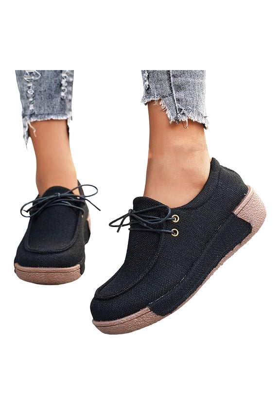 Denim Loafers for Women Platform Soft Sole Cushioned Walking Shoes Lace up Casual Round Toe Canvas Shoes Black Size 6
