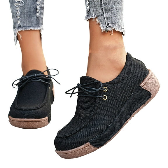 Denim Loafers for Women Platform Soft Sole Cushioned Walking Shoes Lace up Casual Round Toe Canvas Shoes Black Size 9