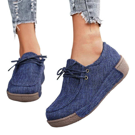 Denim Loafers for Women Platform Soft Sole Cushioned Walking Shoes Lace up Casual Round Toe Canvas Shoes Blue Size 10