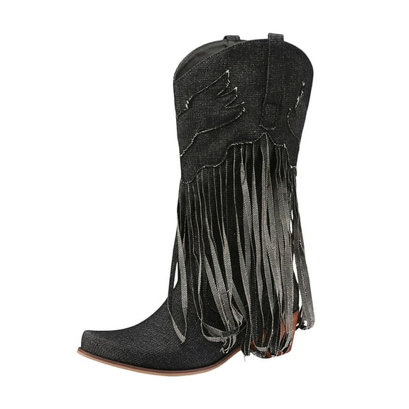 Denim Long Fringe Cowboy Boots for Women Fashion Casual Tassel Pointed Toe Wide Mid Calf Pull on Western Cowgirl Boots