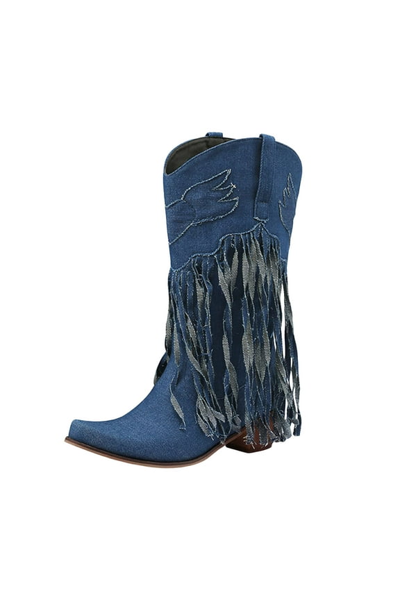 Denim Long Fringe Cowboy Boots for Women Fashion Casual Tassel Pointed Toe Wide Mid Calf Pull on Western Cowgirl Boots