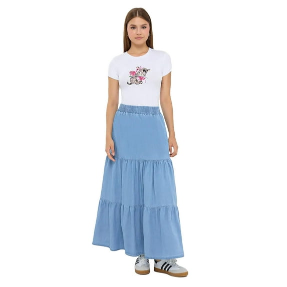 Denim-Look Maxi Skirt with Tiered Elastic Waist