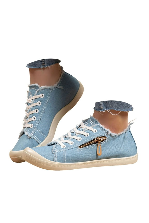 Denim Low Top Canvas Shoes for Women Girls Casual Zipper Fashion Sneakers Walking Flats with Arch Support