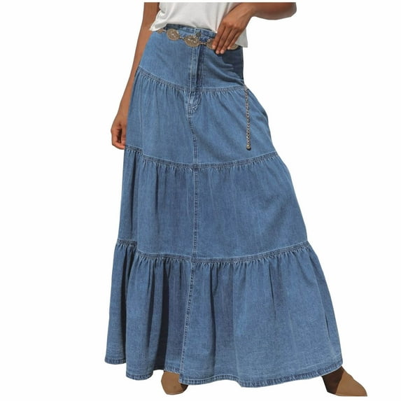 Denim Maxi Skirt for Women High Waist Tiered A-Line Long Jean Skirt Boho Flowy Casual Summer Skirts