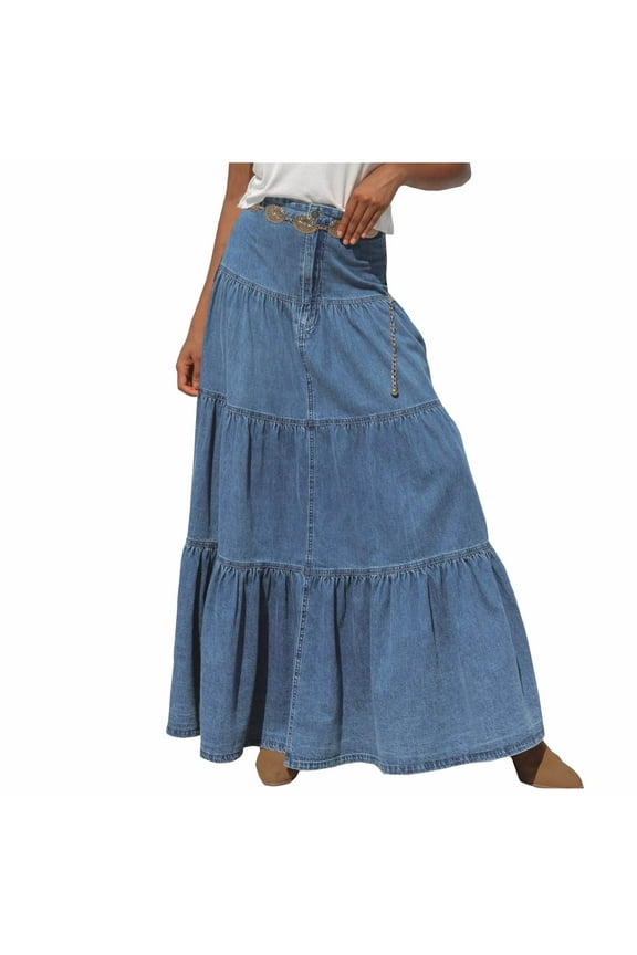 Denim Maxi Skirt for Women High Waist Tiered A-Line Long Jean Skirt Boho Flowy Casual Summer Skirts