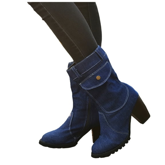 Denim Mid Calf Boots for Women 2025 Casual Canvas Chunky Block High Heel Jeans Dress Tall Boots Winter Fall Dark Blue Size 8