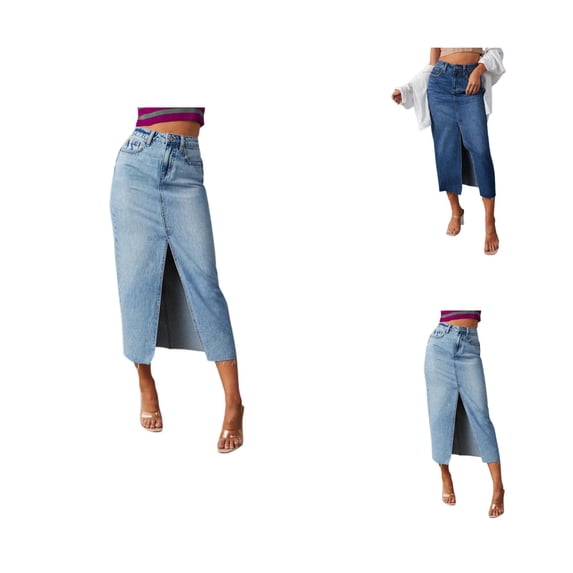 Denim Midi Skirt for Women High Waisted Front Slit Washed Blue Raw Hem Jean Skirt Streetwear