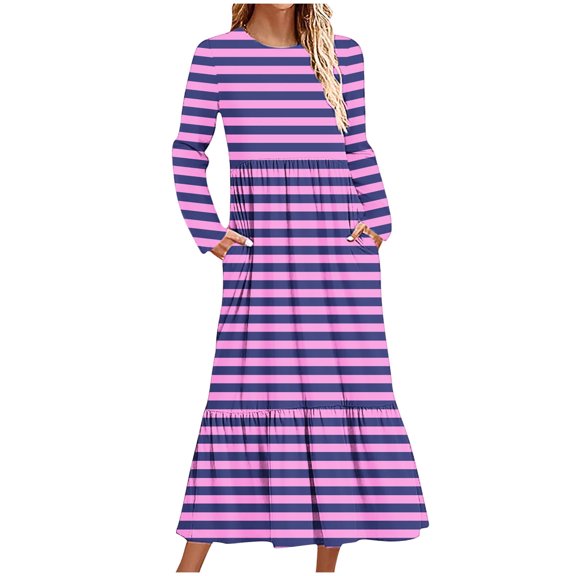 Denim Mini Dress Women's Round Neck Long Sleeved Dress with Polka Print and Double Pocket Long Dress Flowy Maxi Dress S-305 Pink-a M