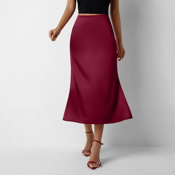 Denim Mini Skirt Women's Midi Satin Skirt High Waisted Elegant Dressy Work Skirts Solid Color A-Line Flowy Skirts for Party Wedding Wine L
