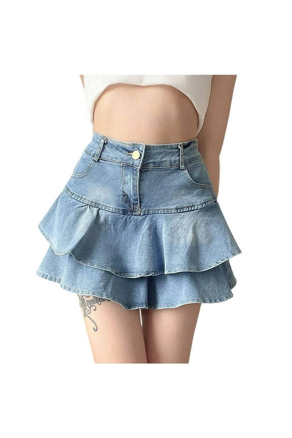 Denim Mini Skirt for Women High Waisted Ruffled Slimming A Line Pleated Washed Blue Jean Short Skirt
