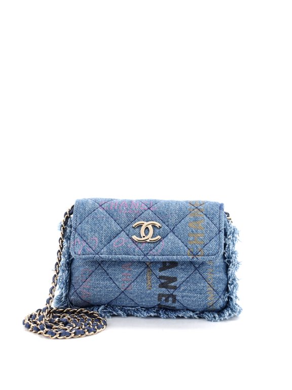 Denim Mood Flap Clutch with Chain Logo Printed Quilted Fringe Denim By Rebag
