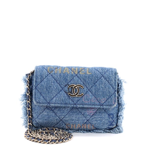 Denim Mood Flap Clutch with Chain Logo Printed Quilted Fringe Denim By Rebag