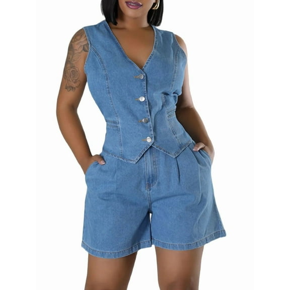 Denim Outfit for Women Buttons Denim Vest Top with High Waist Jean Shorts Going Out Outfits Blue XL