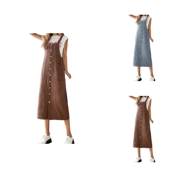 Denim Overall Dress for Women Summer Loose Casual Button Down Adjustable Strap A Line Midi Jean Dress with Pockets