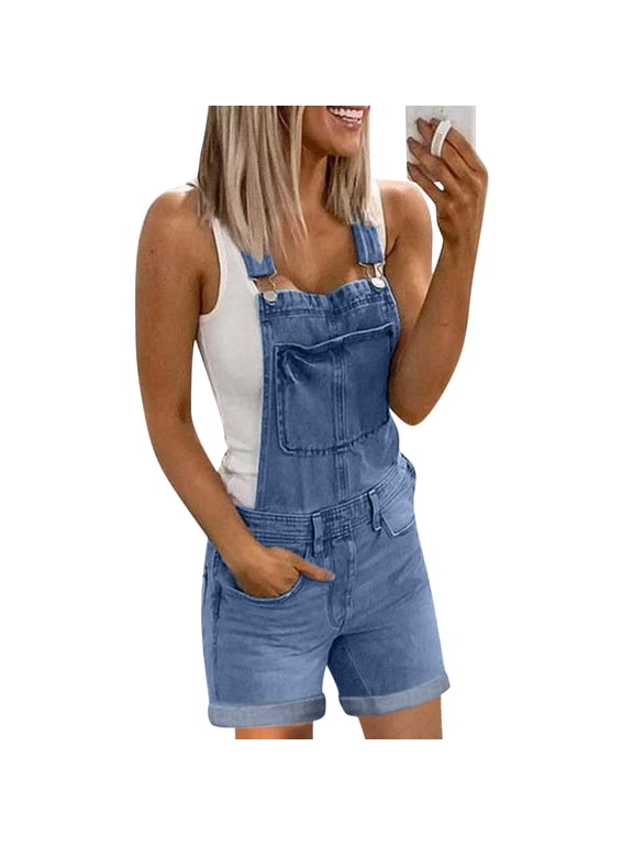 Denim Overall Shorts for Women Loose Fit Baggy Adjustable Tie Back Bib Jean Overalls Casual Curve Hem Shortalls