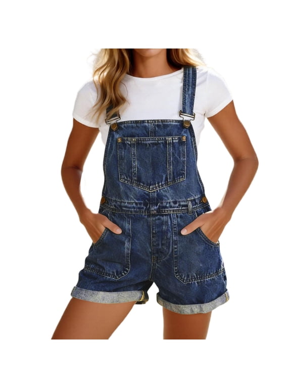 Denim Overall Shorts for Women Stretchy Adjustable Straps with Pockets Cuffed Hem Loose Bib Blue