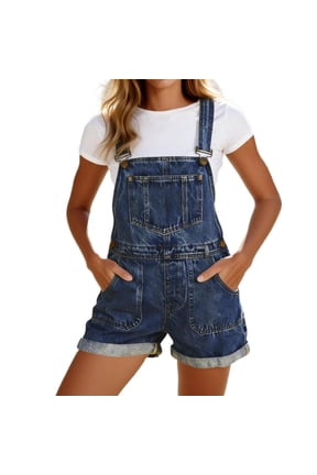 Denim Overall Shorts for Women Stretchy Adjustable Straps with Pockets Cuffed Hem Loose Bib Dark Blue