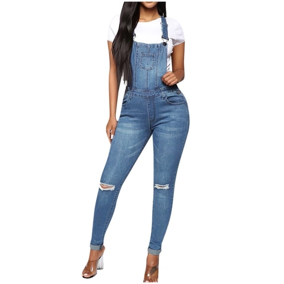 Denim Overalls Women Fashion Ripped Distressed Stretch Skinny Fit Jumpsuit One Piece Romper Slim Long Overalls Pants