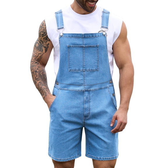 Denim Overalls for Men Jean Shorts Jumpsuit Work Bibs Coveralls with Zipper