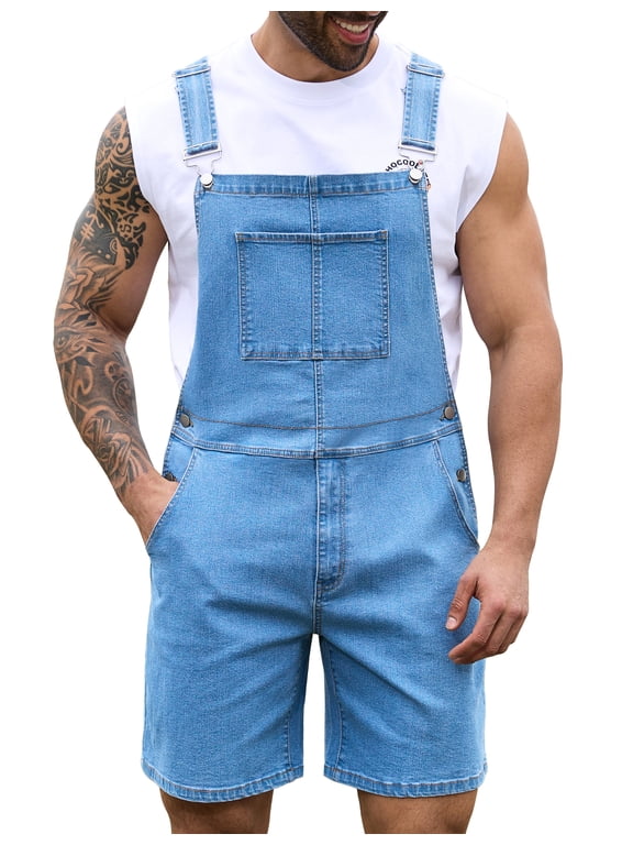 Denim Overalls for Men Jean Shorts Jumpsuit Work Bibs Coveralls with Zipper(Light Blue,M)