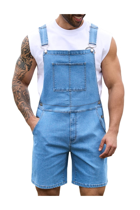 Denim Overalls for Men Jean Shorts Jumpsuit Work Bibs Coveralls with Zipper(Light Blue,L)