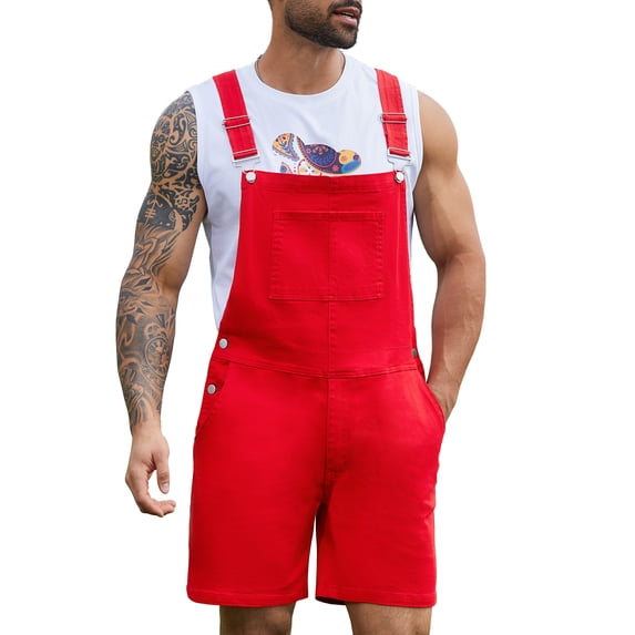Denim Overalls for Men Jean Shorts Jumpsuit Work Bibs Coveralls with Zipper(Red,M)