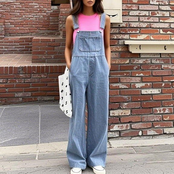 Denim Overalls for Women One Piece Jean Jumpsuits Baggy Bib Overall (Blue XL)