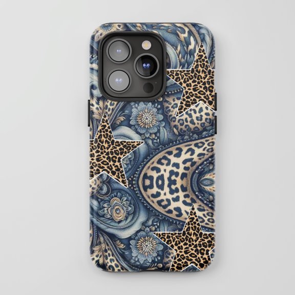 Denim Paisley Leopard Print Stars For iPhone Protective Phone Case Bohemian Vintage Blue