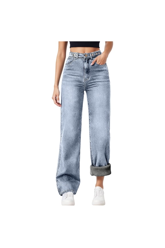Denim Pants Women Lined Winter Jeans High Waisted Warm Washed Straight Leg Trousers