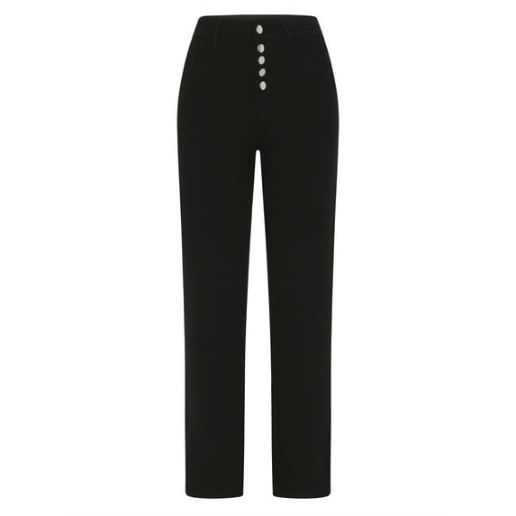 Denim Pants for Women Button Down High Waisted Stretchy Straight Leg Pants Split Hem Slim Fitting Trendy Classic Jeans,Black,L