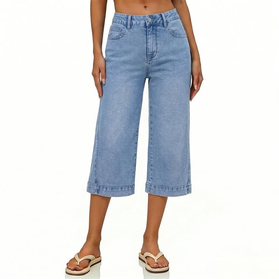 Denim Pants for Women High Waist Wide Leg Baggy Jeans Capris Stretchy Casual Work Office Trousers with Pockets Light Blue M