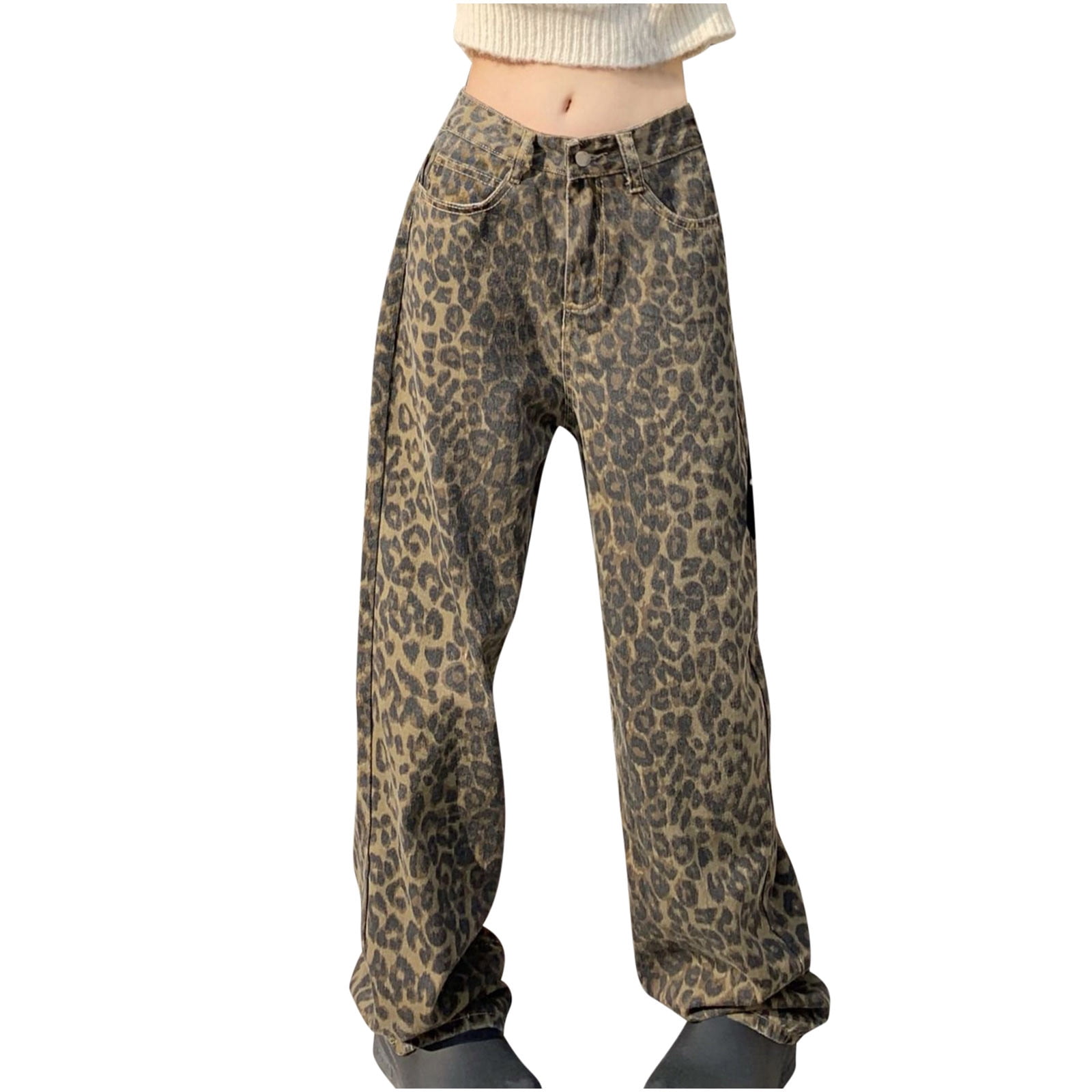 Denim Pants for Women Leopard Print Jeans Vintage Cargo