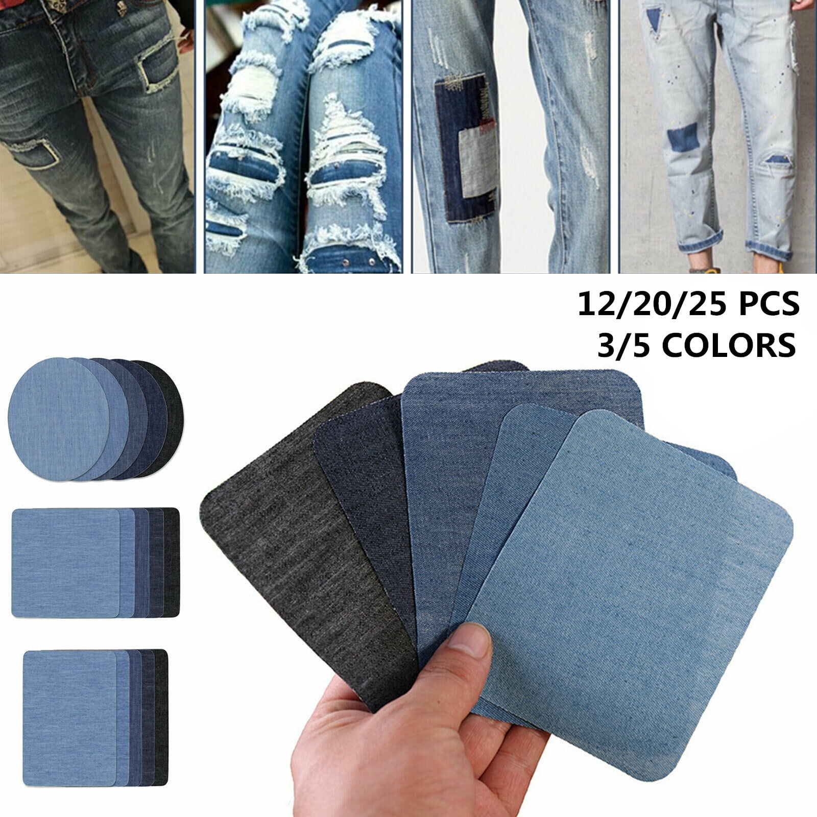 Denim Patches for Clothing Jeans (3/5 Colors 25/20/12 PCS) Denim Iron-on or  Sewing Jean Patches Fabric Patches Self Adhesive Denim 